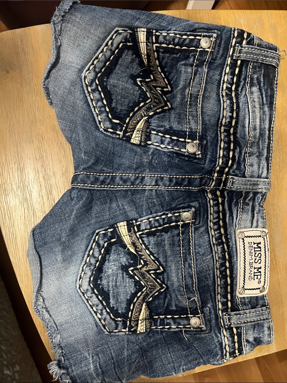 Miss Me Blue Denim Jean Shorts with Contrast Stitching